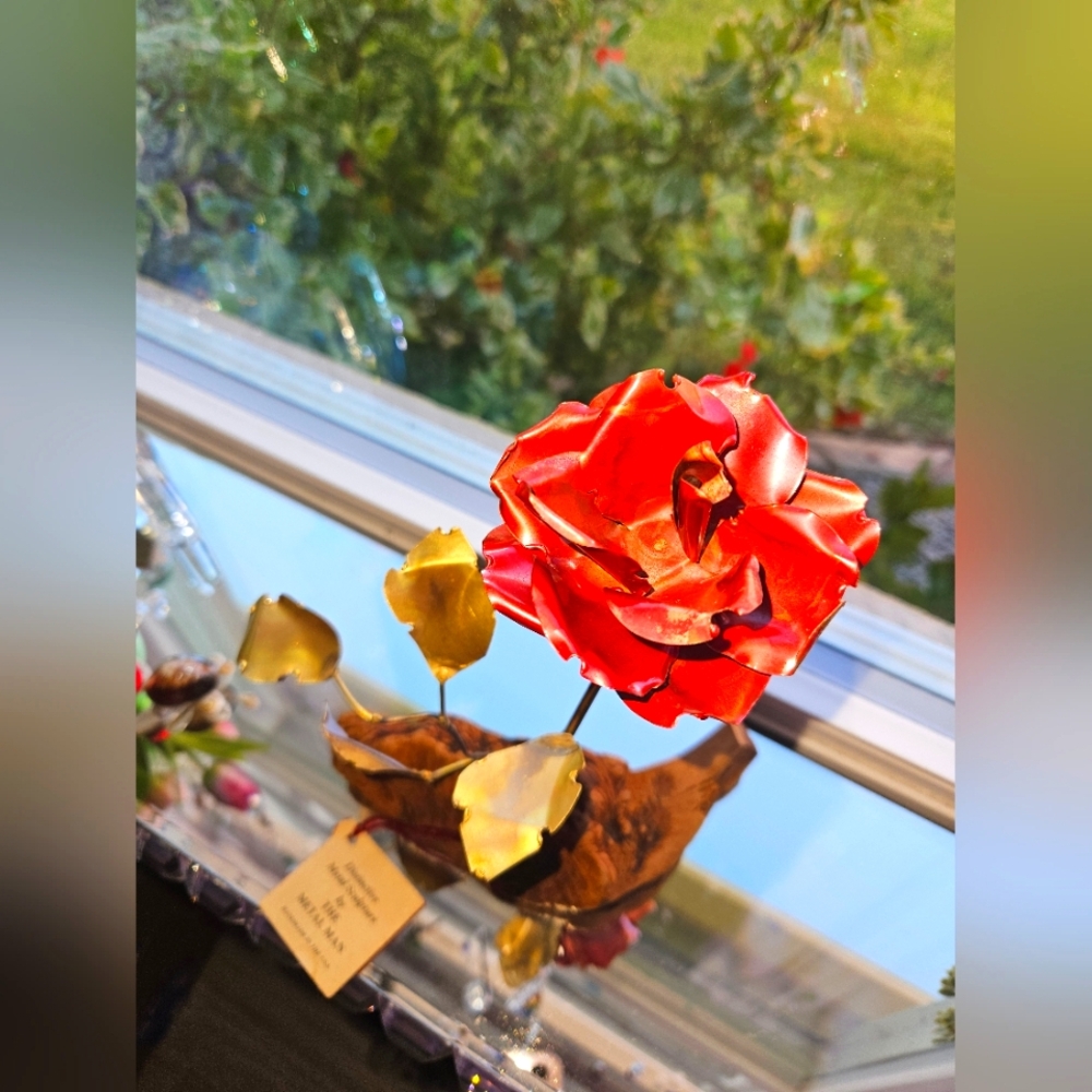 The Metal Man Metal Live Wood Hand Sculptured Rose 70's -80's Mid Century Modern